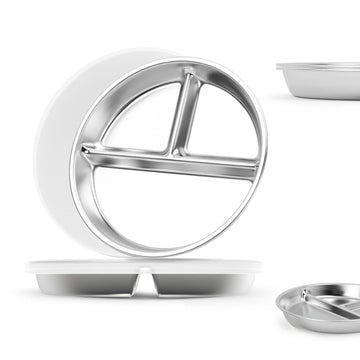 Bakpoco Stainless Steel Kids Plates with Lid 2 Packs, Deepened 9 Portion Control Plate Divided Plate for Adults Bariatric Weight