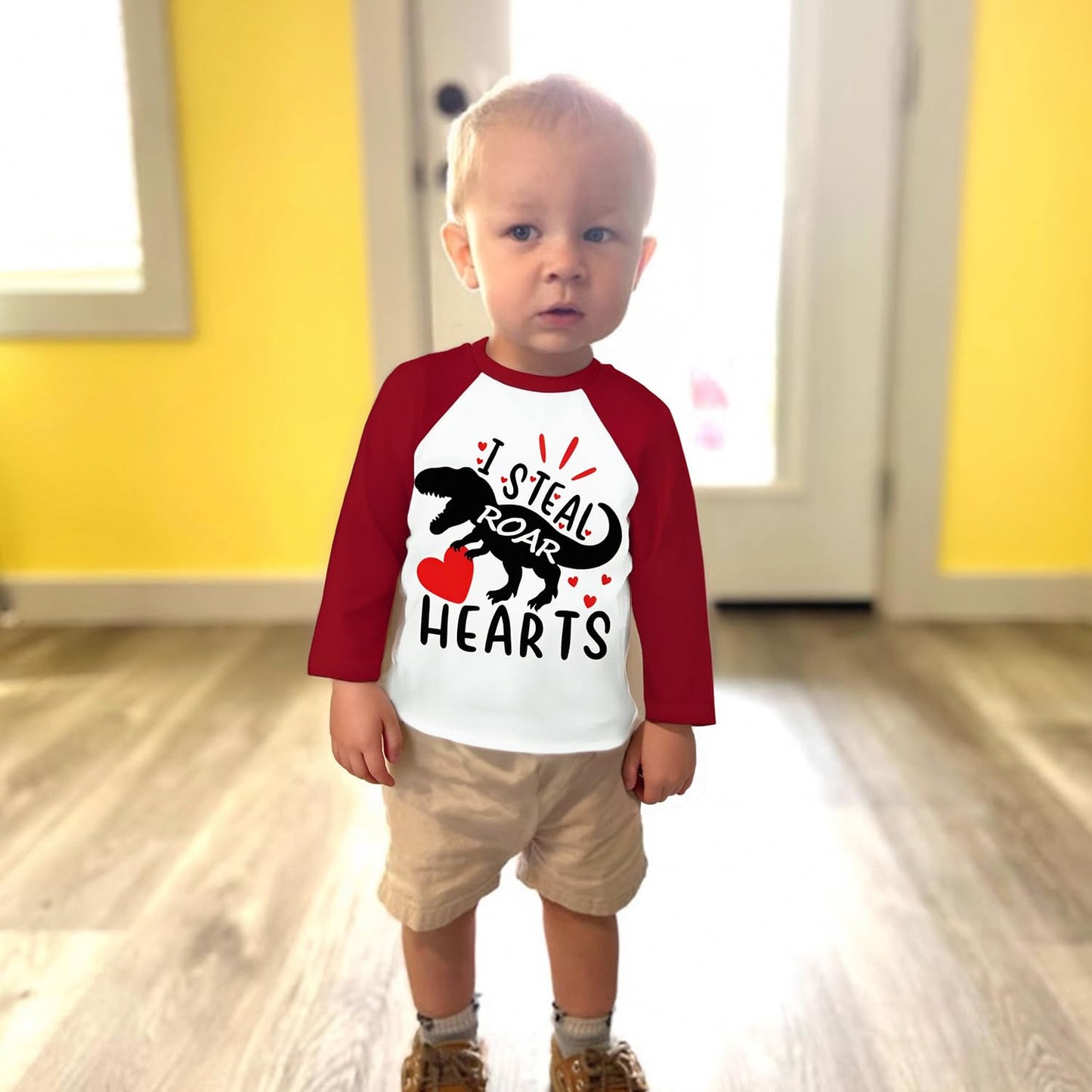 Little Boys Valentine Day Shirt Toddler Dinosaur Heart Outfits Raglan Long Sleeve Tee Tops For Kids 7 Years