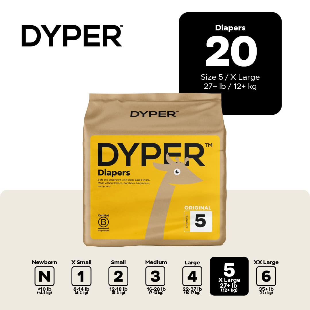 DYPER Baby Diapers Size 5 | Honest Ingredients | Cloth Alternative | Day & Overnight | Made with Plant-Based* Materials | Hypoal