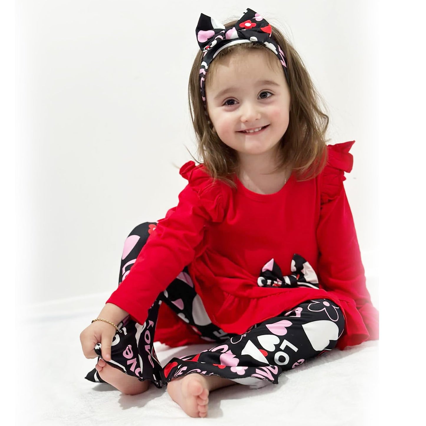 Hintina 5T Girl Valentine'S Day Outfits Toddler Ruffle Long Sleeve Tunic Red Heart Bell Bottom Flared Pants Winter Spring Clothe