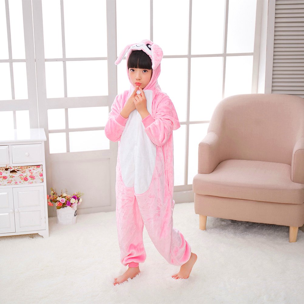Kids Rabbit Costume Cosplay Halloween Easter Animal Onesie For Boys Girls Child Pink Bunny S