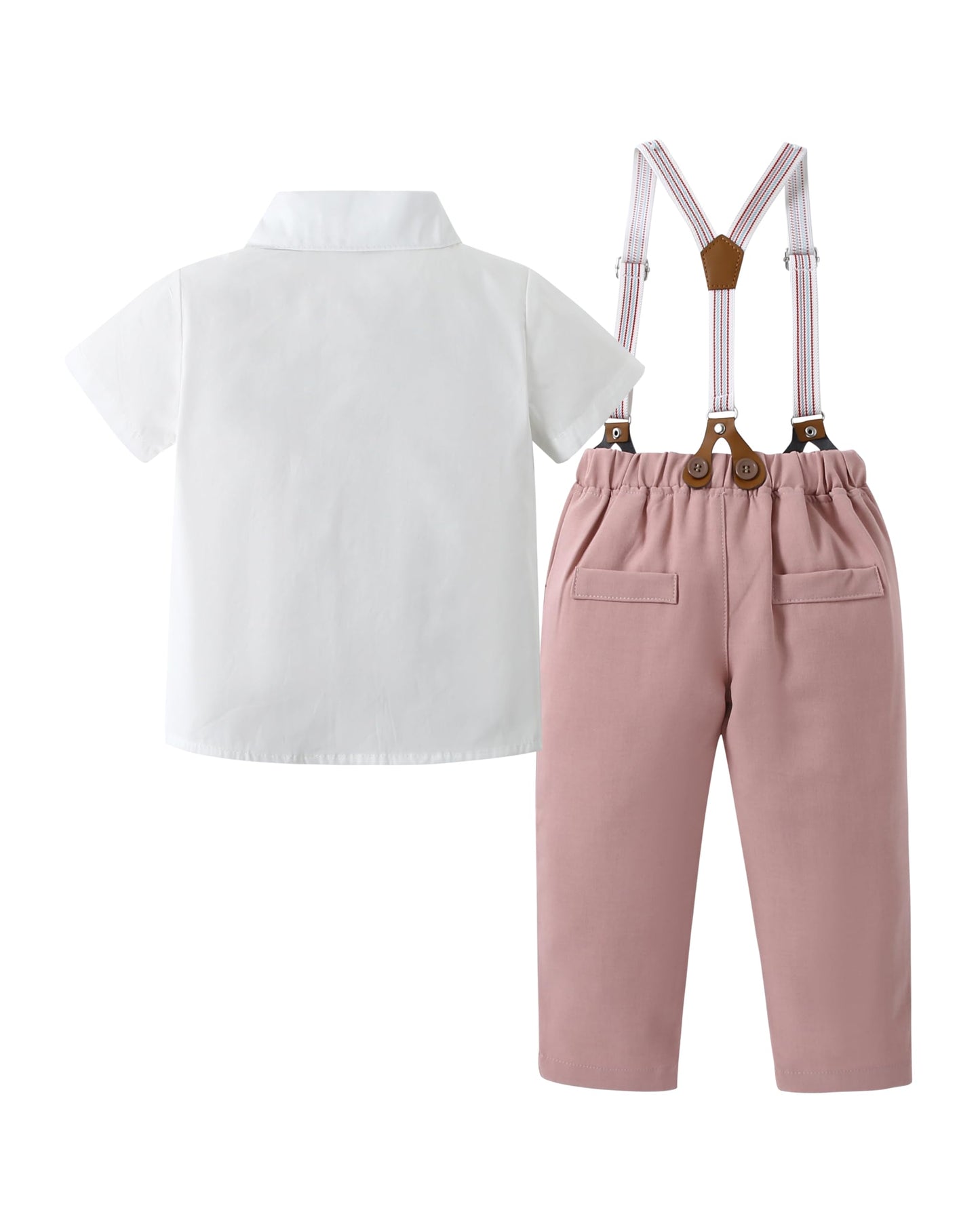 Yallet Toddler Baby Boy Clothes Suit Gentleman Wedding Outfits, Formal Dress Shirt+Bowtie+Suspender Pants(Pink, 12-18 Months)