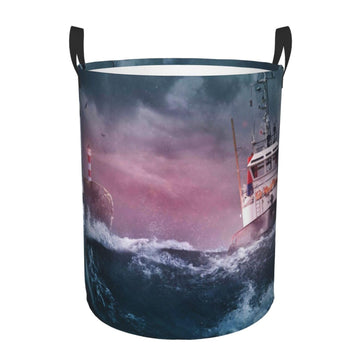 Pevtufa Boat Lighthouse Storm Waves Foldable Laundry Basket Organizer,Fabric Clothes Toy Storage Basket Nursery Hamper Storage B