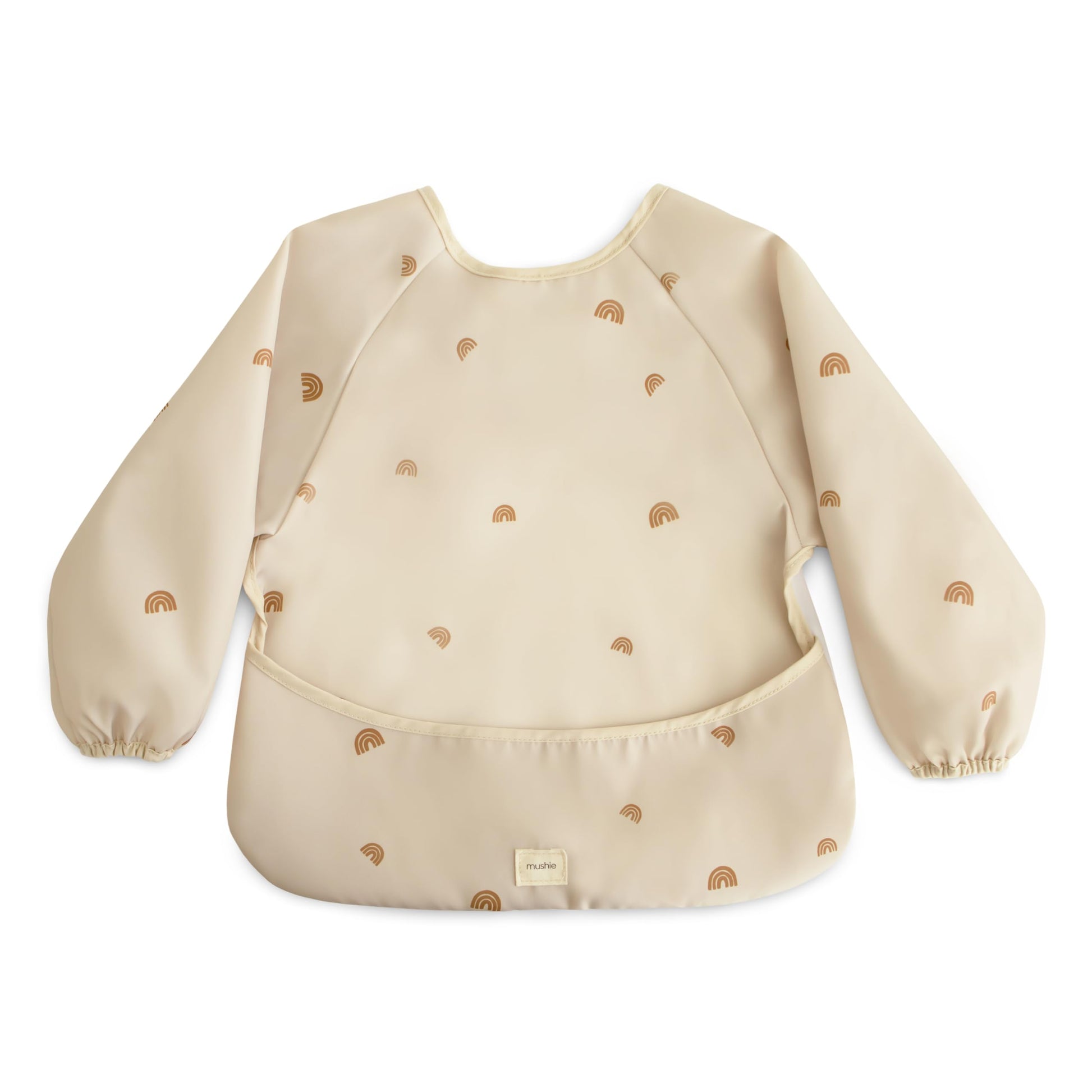 mushie Long Sleeve Baby Bib | Mess Free & Waterproof Fabric for Toddlers | Adjustable Fit for Ages 6-24 Months (Rainbows)
