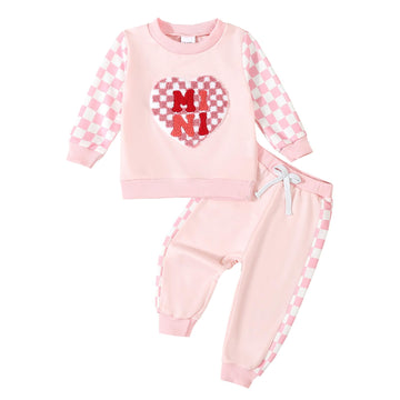 Beqeuewll Baby Girl Valentines Day Outfit Long Sleeve Heart Checkerboard Print Sweatshirt Plaid Pants 2Pcs Valentine Clothes (Mi
