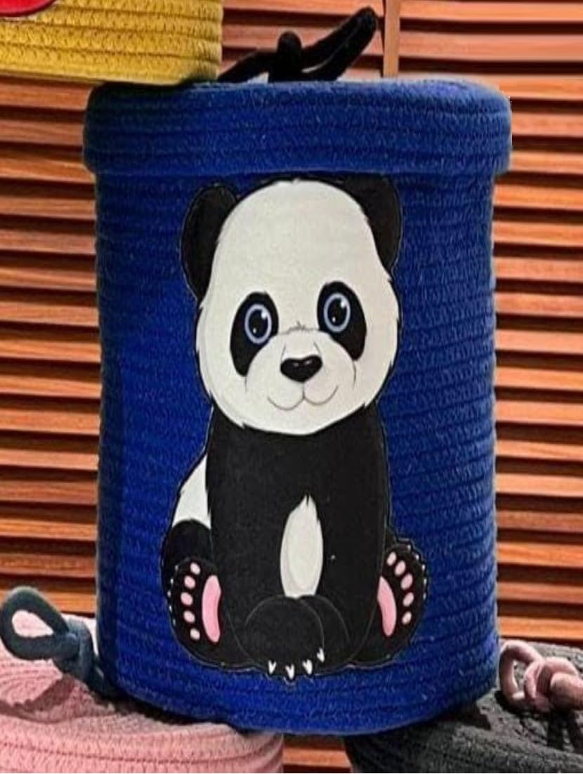 VELVET VIBE Kids Lid Baskets with Beautiful Characters  Rope Baskets for Baby Diaper, Stuffed Animal Storage (Blue Panda)