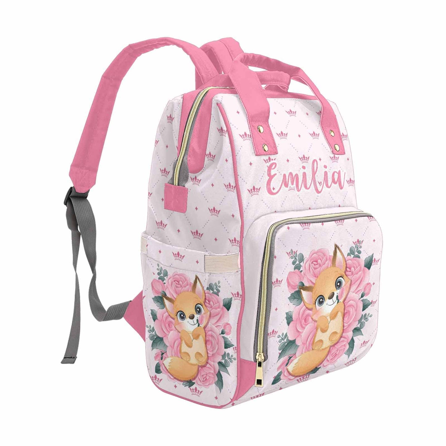 M Yescustom Customized Pink Crown Diaper Bag With Name Christmas Gift For Mom, Custom Cute Fox On Pink Roses Mommy Nursing Daypa