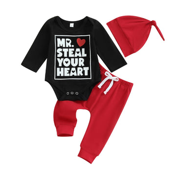Newborn Baby Boy Valentines Day Outfit Newborn Valentines Day Outfit Boy Long Sleeve Romper Onesie Jogger Pants Set(C-Black,0-3