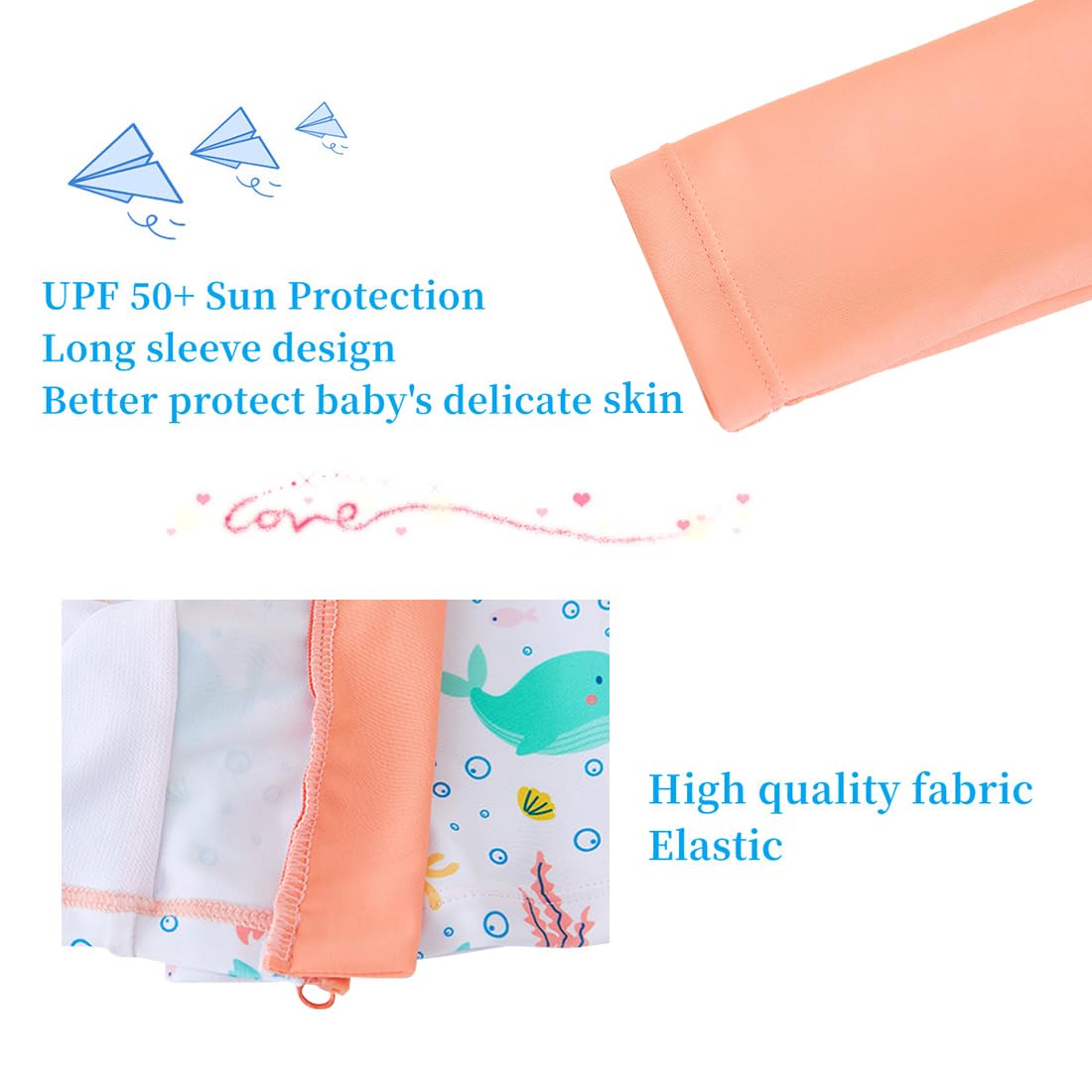 Umelok Baby Girls Swimsuit One Piece Full Zip With Long Sleeve Upf 50+ Sun Protection Sunsuit White Ocean,9M