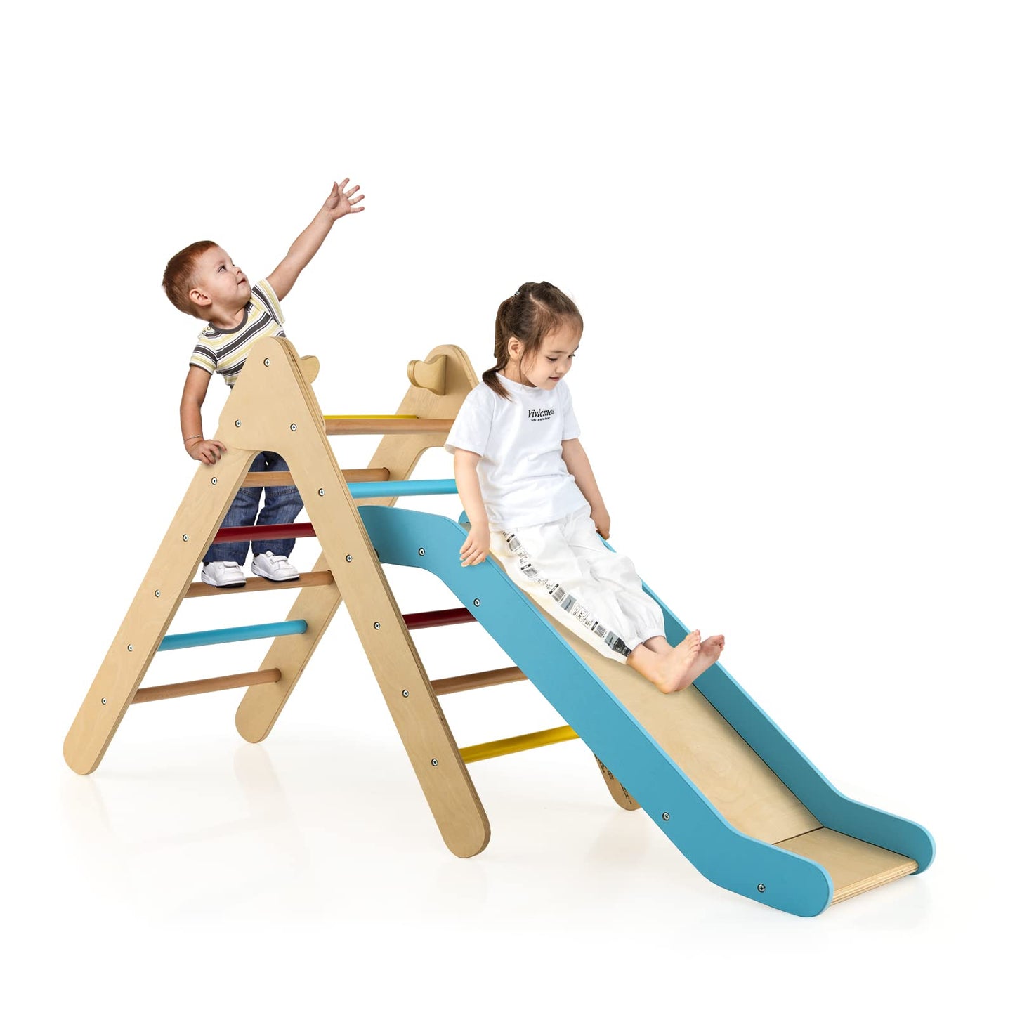 Olakids Toddlers Triangle Climber, 2 In 1 Montessori Kids Wood Climbing Toy With Ramp, Ladder, Slide For Gym Playground, Indoor