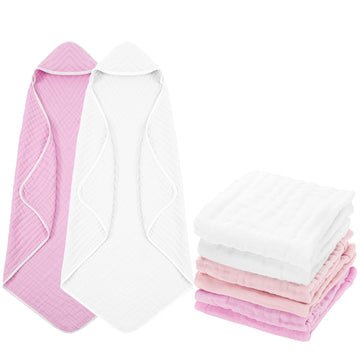 Peryiter 8 Pack Muslin Hooded Baby Bath Towels And Wash Cloth Set Soft Cotton Gauze Baby Hooded Bath Towel Wipes Absorbent Bath
