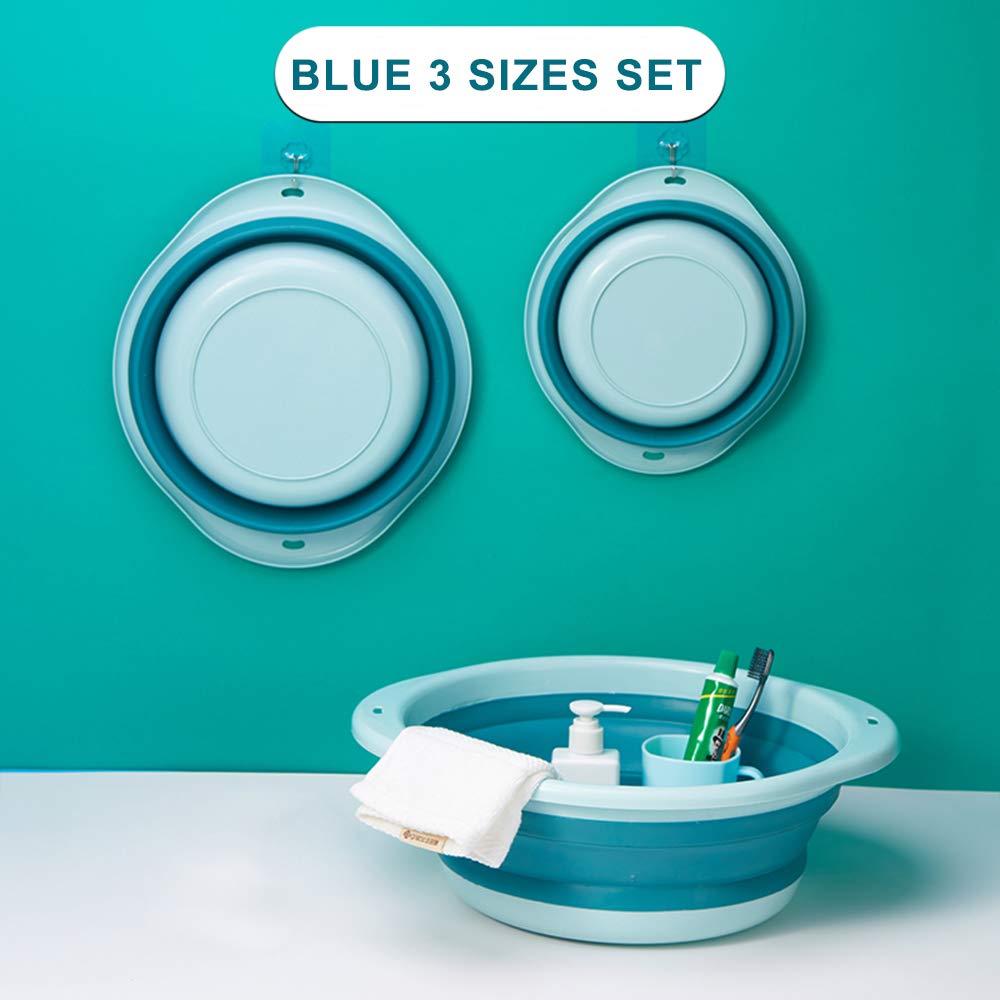 Orizzp 3-Pack Collapsible Wash Basin Set, Baby Kids Wash Basin Dish Tub For Travel Home, 3 Different Sizes Set Space Saving Blue