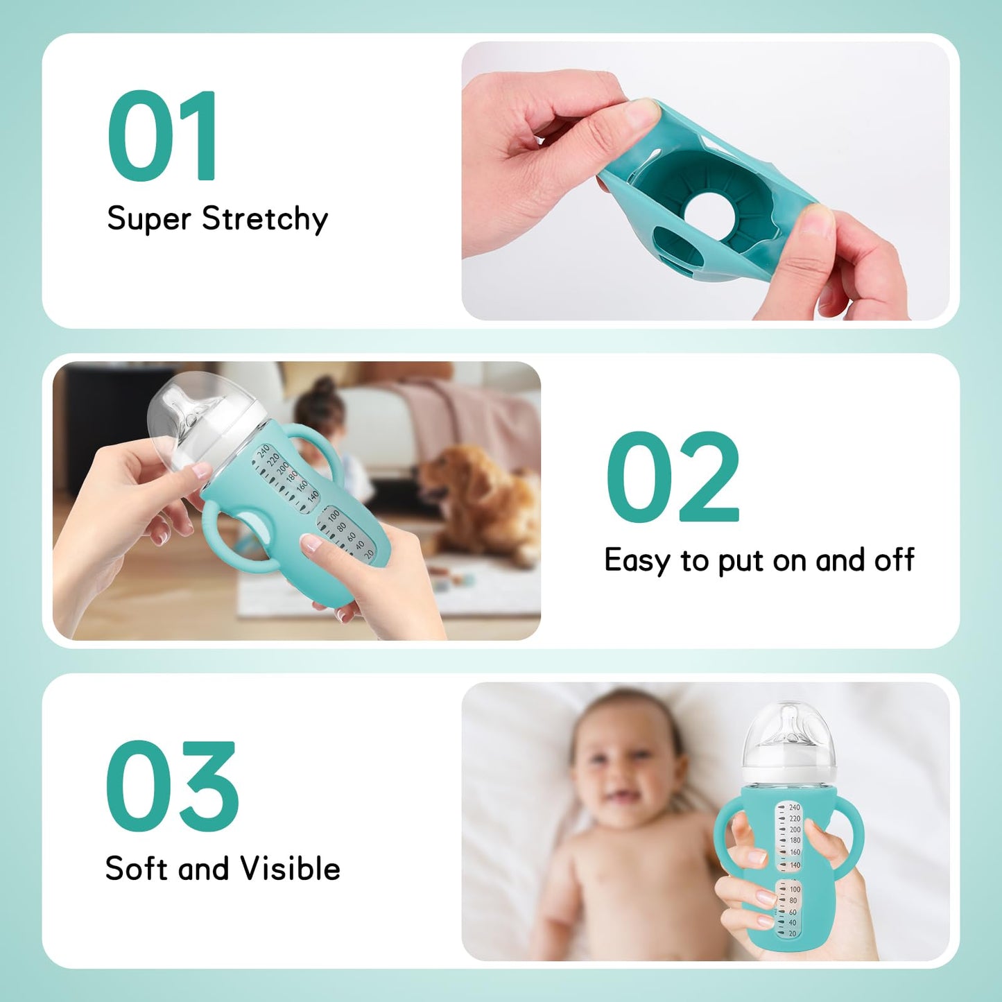 Audrwall Silicone Sleeves For Avent Natural Glass Baby Bottles, Bpa Free, Anti Breakage Baby Bottle Holder With Handles (Green +