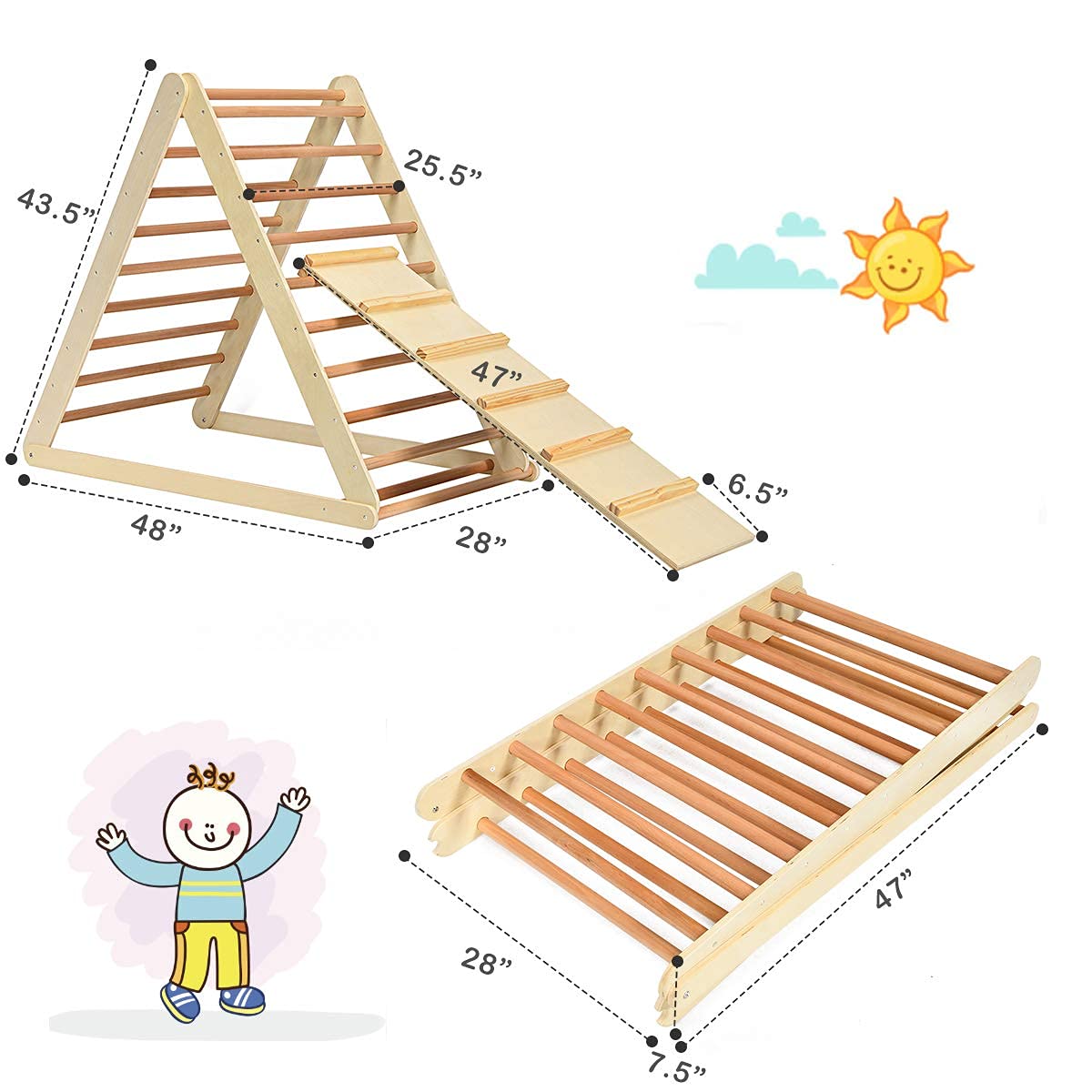 Costzon Foldable Climbing Toys For Toddlers, 3 In 1 Montessori Wooden Triangle Climber For Sliding & Climbing, Kids Indoor Climb