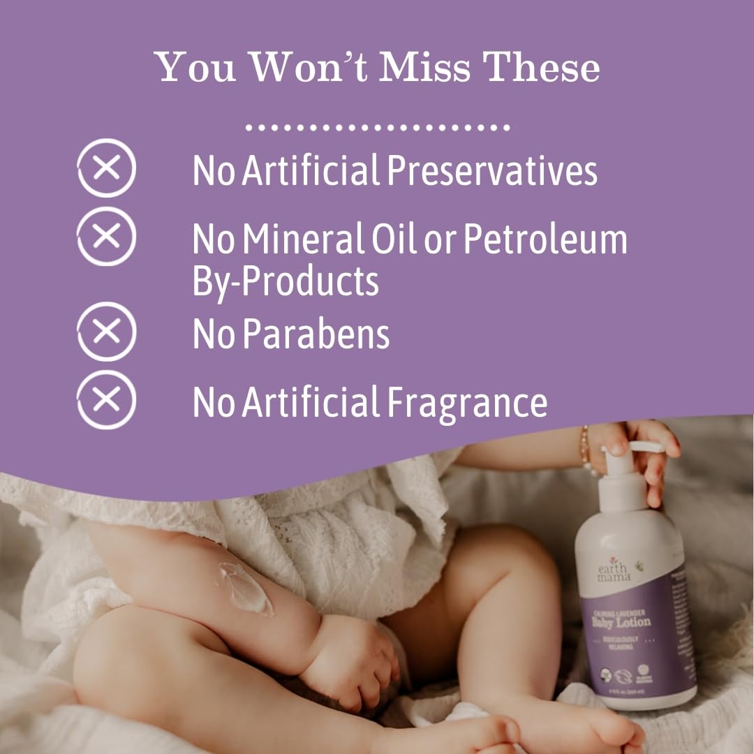 Earth Mama Calming Lavender Baby Lotion For Dry Skin, Calendula Cream For Newborn Skin Care, Organic Moisturizer For Children Wi