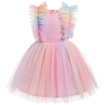 Rainbow Dress For Girls, Baby And Toddler - Ruffled Butterfly Embroidered Special Occasion Dress For Birthday, Baptism, Bridesma