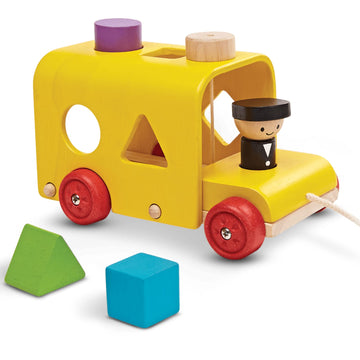 PlanToys Sorting Bus Pull Toy - Sustainably Made from Rubberwood Featuring Organic-Pigment Coloring and Water-Based Dyes with 3 