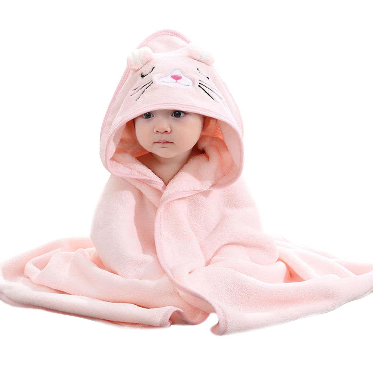 Flannel Fleece Animal Hooded Soft Children'S Hooded Cloak Cartoon Baby Coral Fleece Kids Bath Towel (Pink)