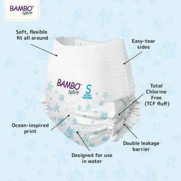 Bambo Nature Hypoallergenic Swim Pants, Eco-Labeled Swim Diapers, Double Leak Barriers - Small (120 Count)