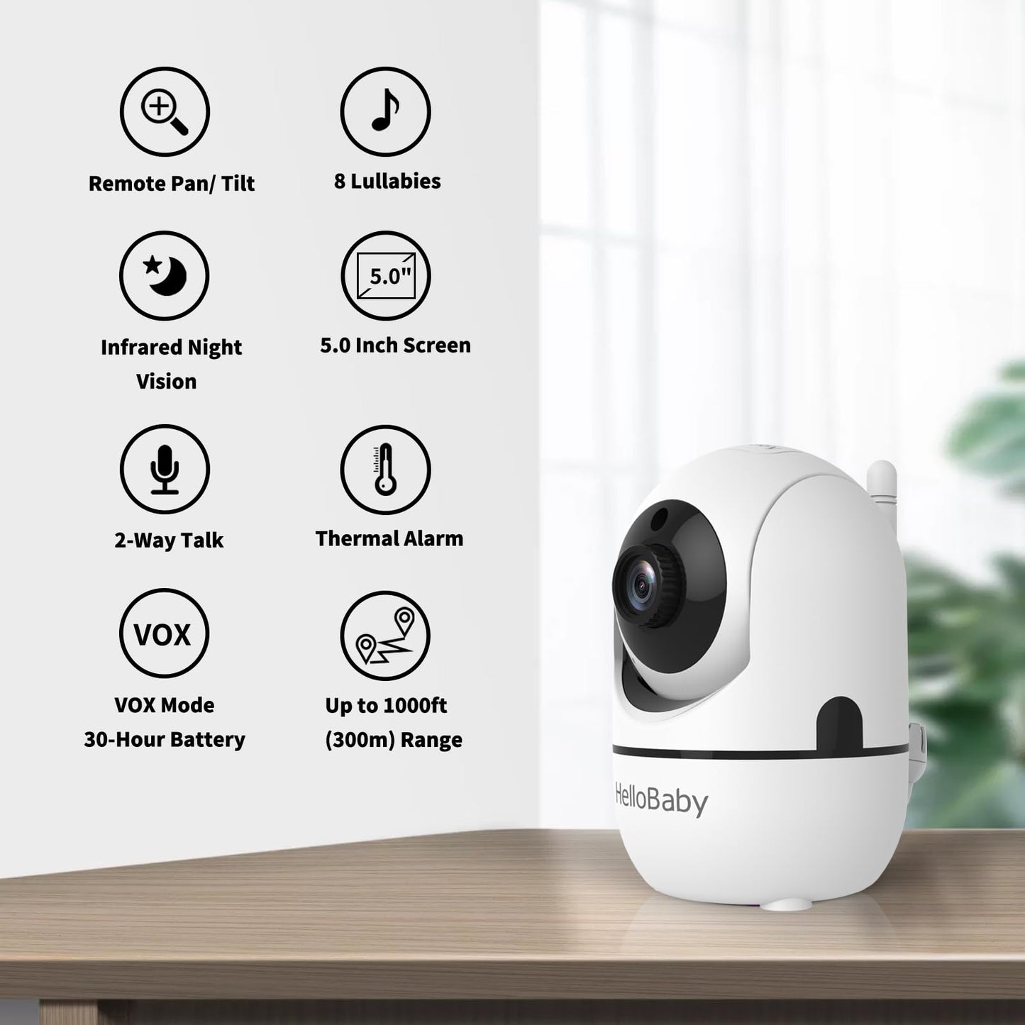 Hellobaby Hb6550 5' Baby Monitor 3 Cameras, 26-Hour Battery, Pan-Tilt-Zoom,1000Ft Range Video Audio Baby Monitor No Wifi, Eco,