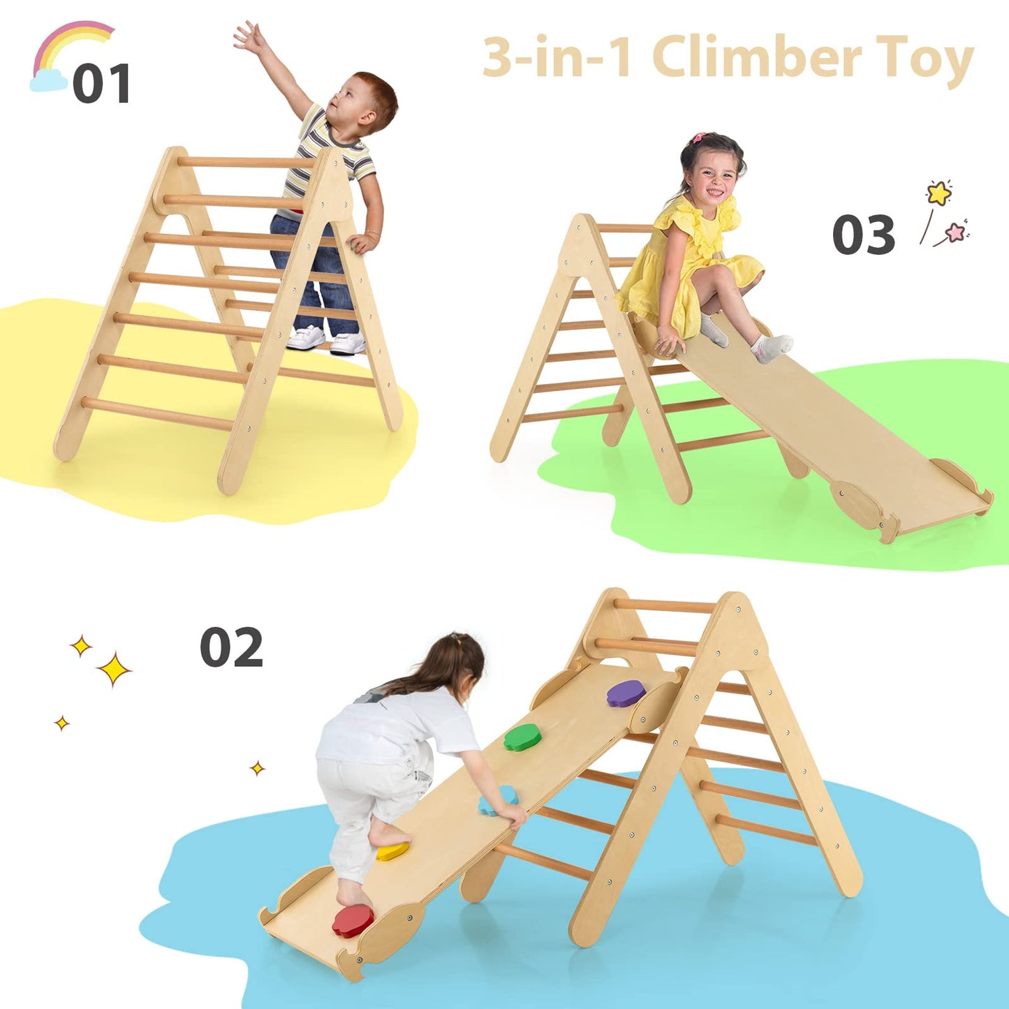 Olakids Climbing Toys For Toddlers, 3 In 1 Kids Wooden Montessori Triangle Set Climber Toy With Ramp Ladder Slide For Gym Playgr