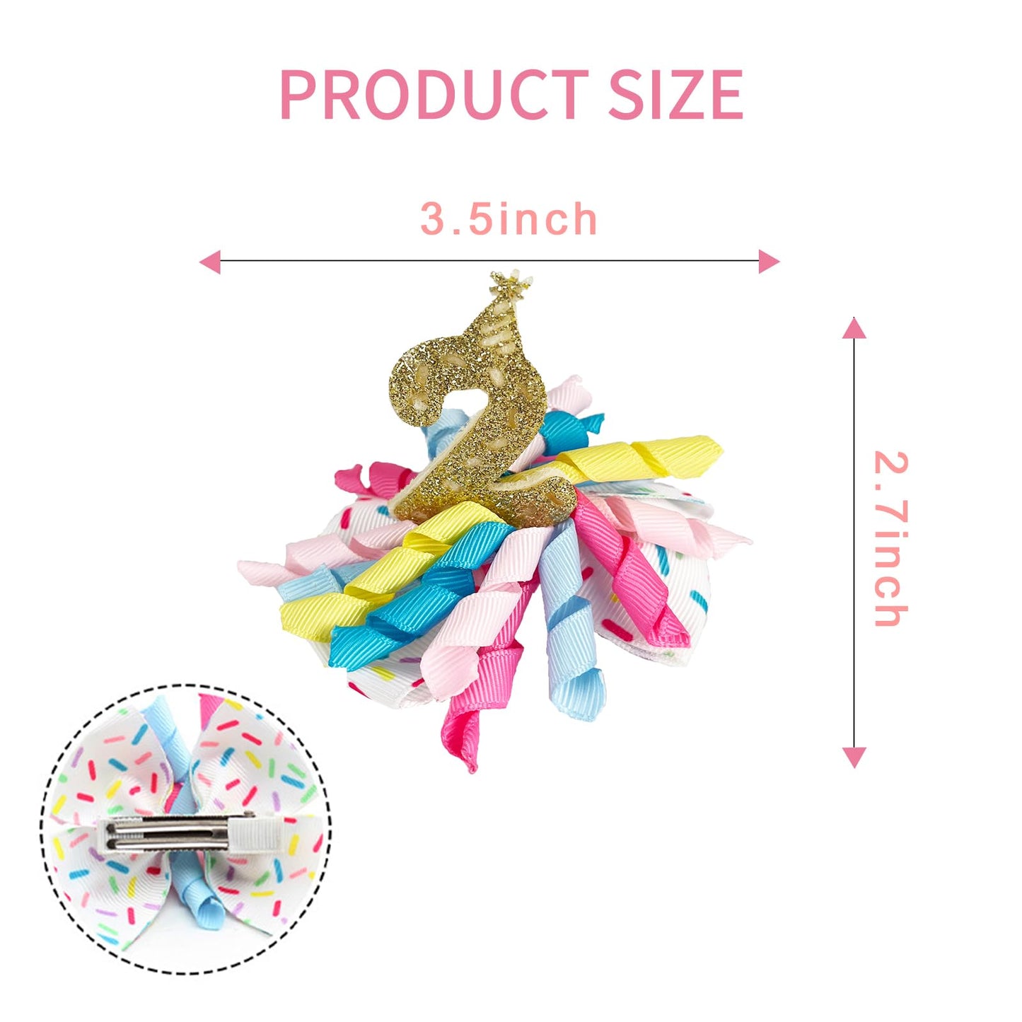 Birthday Hair Clips For Baby Girls - 2Pc Curly Ribbon With Gold Number Bow Hair Clips For 2Nd Birthday Baby Bow Party Decoration