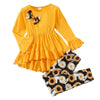 Axumity Kid Girl Clothes Ruffled Long-Sleeve High Low Top With Bowknot + Sunflower Print Pants 2-Piece Winter Spring Girl Outfit