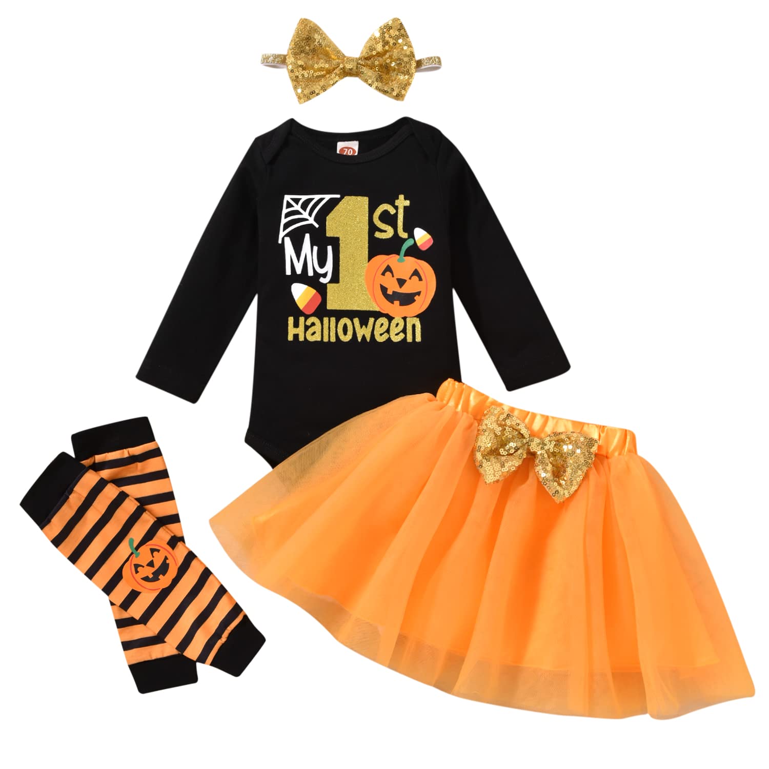 Cpei Baby Girls Halloween Outfits My 1St Halloween Romper+ Tutu Skirt+ Striated Leg Warmer+ Headband Outfit Set(Black 3, 0-3 Mon