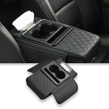 Car Center Console Armrest Pad with 5in1 Storage  Quilted Black Interior Organizer with Cup Holders, Tissue Box, and Phone Sl