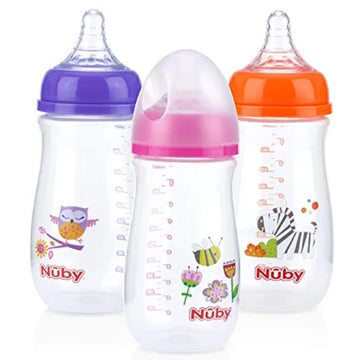 Nuby Tritan Wide Neck Non-Drip Bottles With Anti-Colic Air System: 9Oz./ 270 Ml, 3 Pack, 0M+, Purple/Pink/Orange