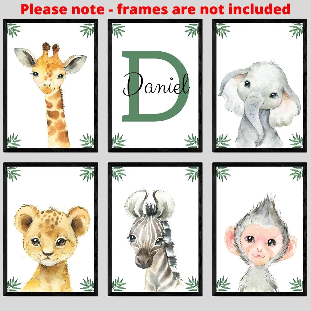 Personalized Safari Animals For Baby Boy Girl Nursery Bedroom Unframed Set Of 6 Poster Prints, Green Jungle Leaves Wall Art Deco