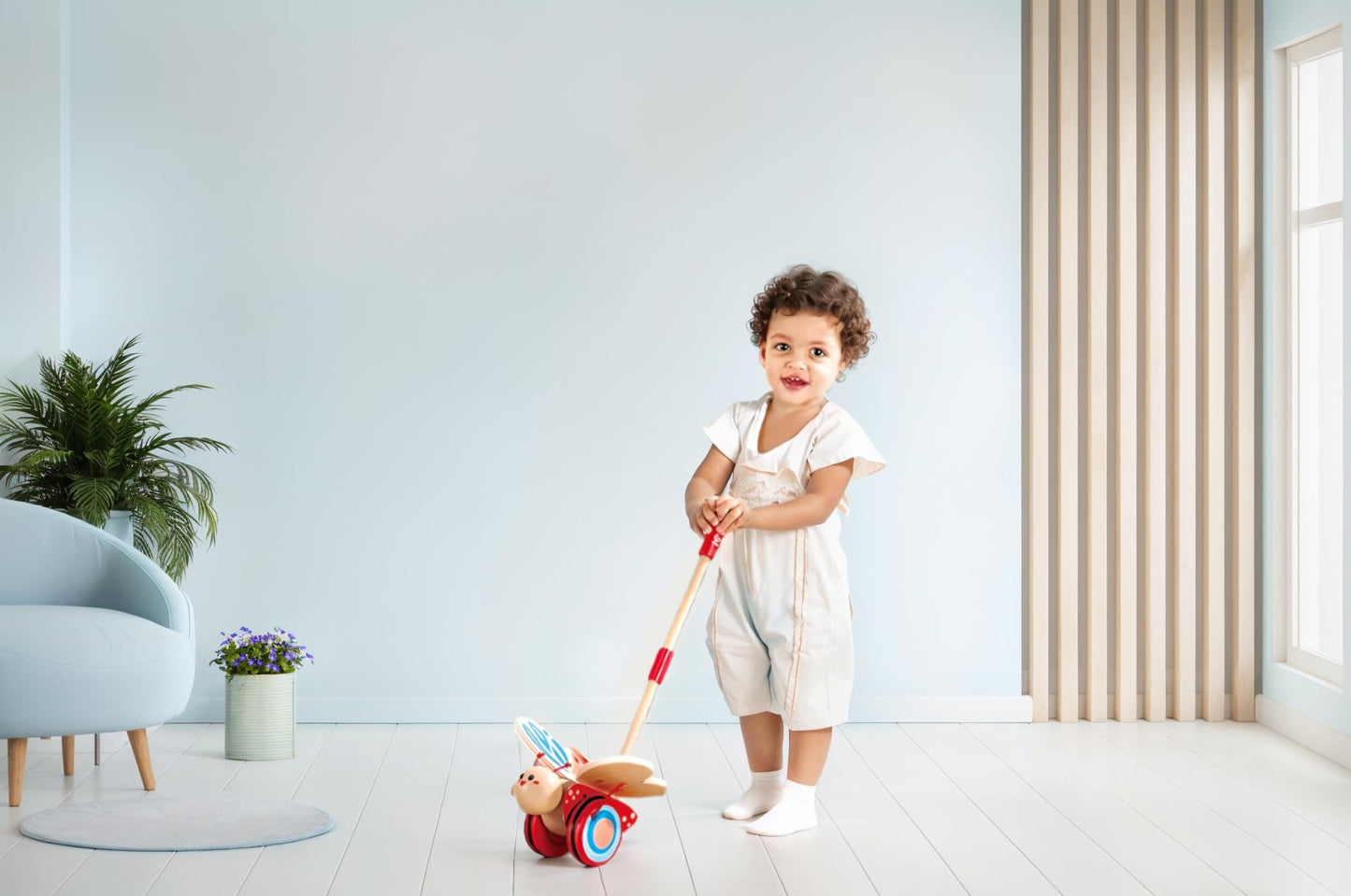 Award Winning Hape Butterfly Wooden Push and Pull Walking Toy, L: 6.3, W: 5.8, H: 22.2 inch, Red