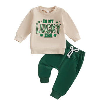 Kupretty Toddler Baby Boy Clothes Valentines Day Outfit Graphic Long Sleeve Crewneck Sweatshirt + Joggers Pants Sets (Lucky Beig