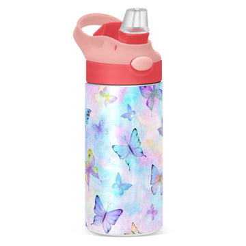 Butterfly Girls Water Bottle With Straw And Carry Handle Rainbow Cute Animals Vacuum Insulated Stainless Steel Bottles Leak-Proo
