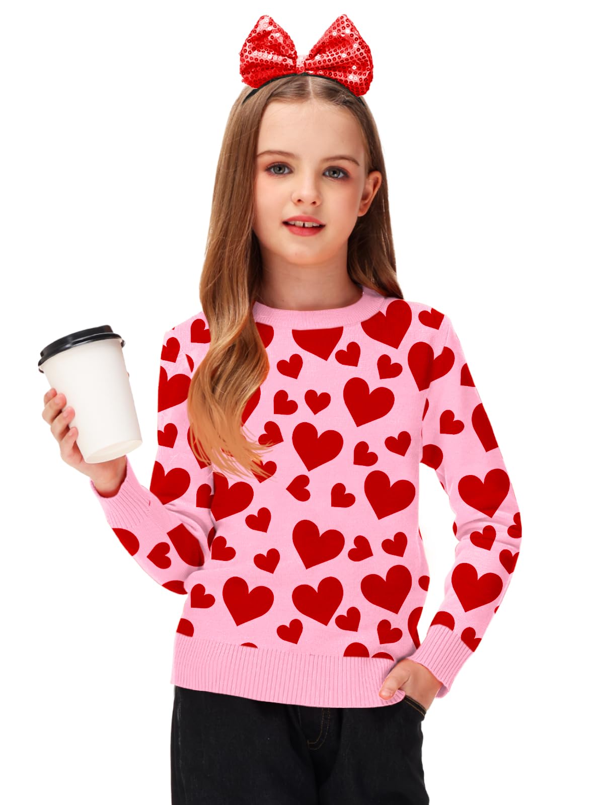 Girls Valentines Day Sweater Tops Red Heart Sweatshirts Love Kid Boys Long Sleeve Outfit Pink 9-10 Years