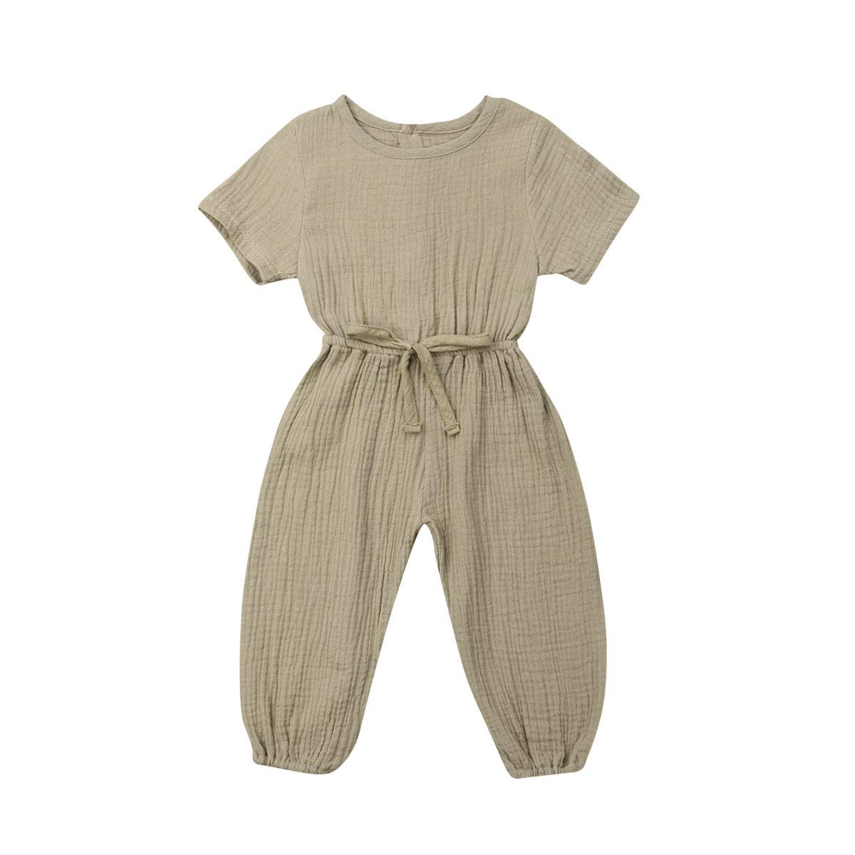 Mubineo Toddler Baby Girl Summer Fall Basic Plain Short Sleeve Cotton Linen Drawstring Romper Jumpsuit (Khaki, 6-12 Months)