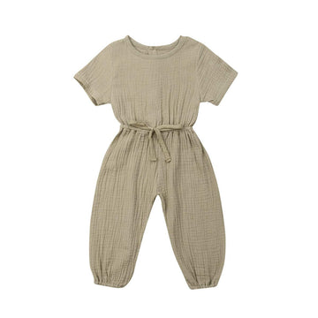 Mubineo Toddler Baby Girl Summer Fall Basic Plain Short Sleeve Cotton Linen Drawstring Romper Jumpsuit (Khaki, 6-12 Months)