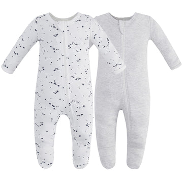 Owlivia Organic Cotton Baby Pajamas, Boys Girls 2 Pack Zip Front Sleep N Play, Footed Sleeper, Long Sleeve(Newborn,Gray Melangeb