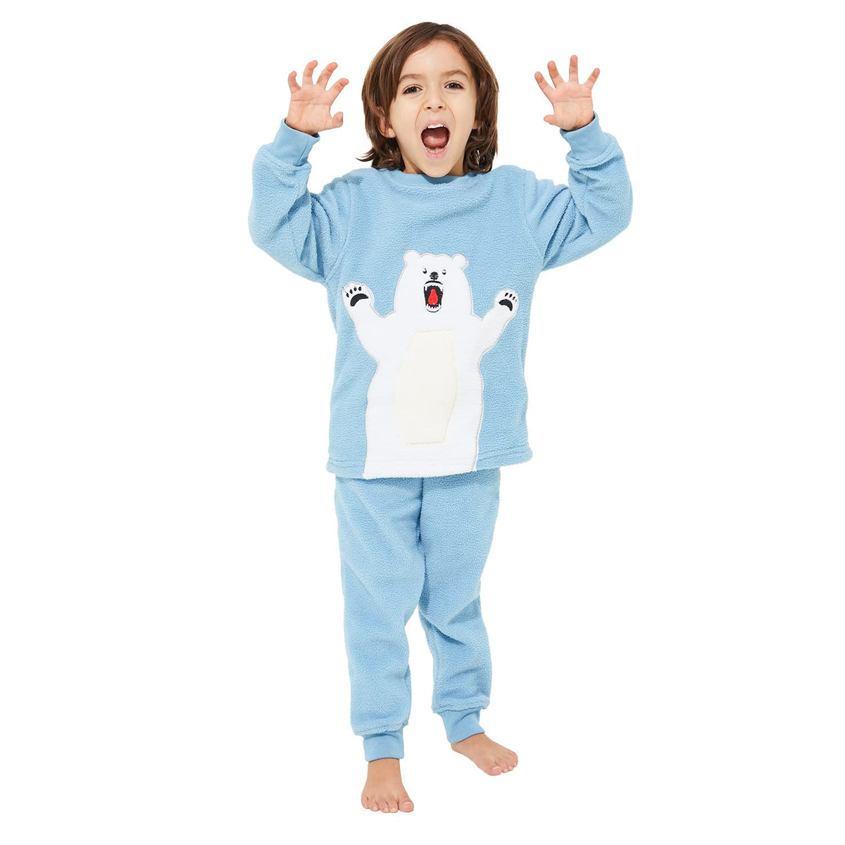 Cherry Crumble Sky Blue Applique Polyester Full Sleeves Round Neck Night Wear Regular Fit Applique Winter Nightsuit for Boys and