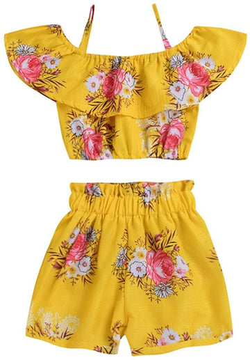 Boebnozcv Toddler Baby Girl Floral Halter Ruffled Outfits Set Yellow Strap Crop Tops+ Shorts Pants Summer Clothes Set