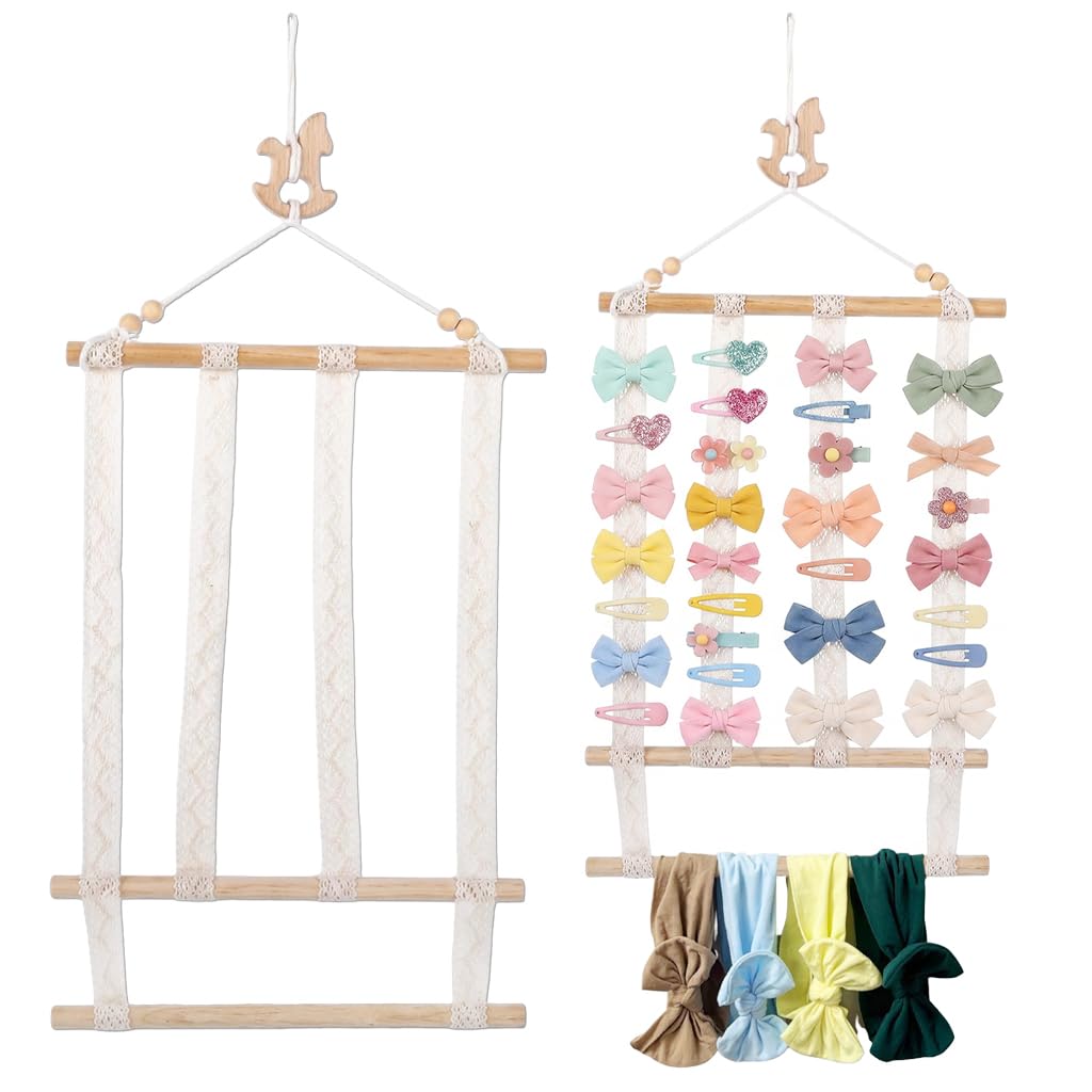 HASTHIP Wooden Wall Hanging Hair Accessories Organizer Boho Macrame Baby Hair Clip Organizer for Girls Bow Holder Headbands Baby