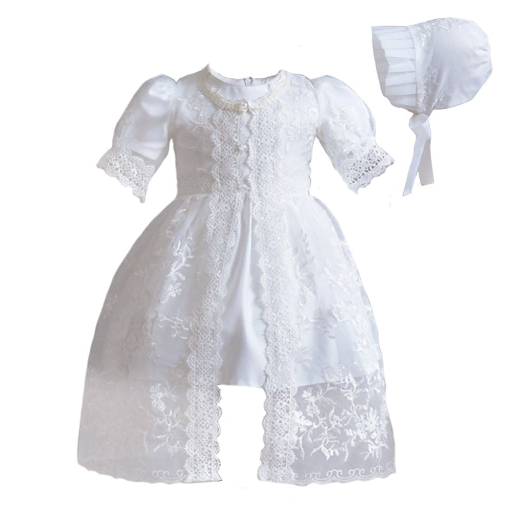 Newborn Baby Girls 3Pcs Organza Lace-Overlay Christening Gown Baptism Dress Formal Dress Outfit With Bonnet Ivory 6M