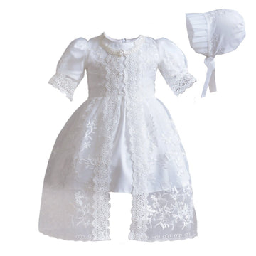 Newborn Baby Girls 3Pcs Organza Lace-Overlay Christening Gown Baptism Dress Formal Dress Outfit With Bonnet Ivory 6M