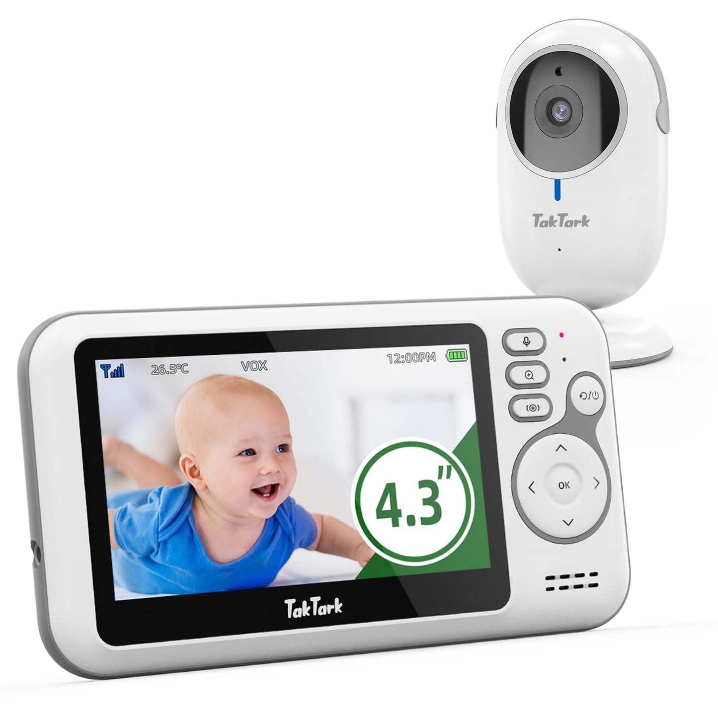 Taktark Baby Monitors With Camera And Audio, 4.3 Inches, No Wi-Fi, 2 Way Audio, Night Vision, Digital Zoom, Vox Power Saving, Ro