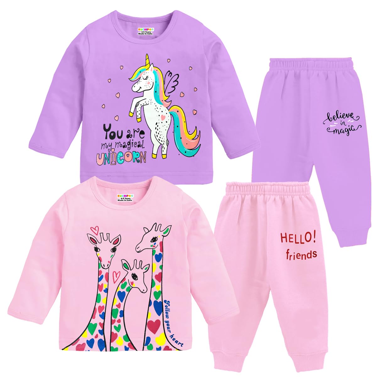 Kuchipoo Baby Girl Regular Fit Cotton Printed TShirts And Pyjamas Set (KucPsut134, 612 Months, MultiColored)