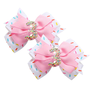 2 Pack 3rd Birthday Hair Bow for Girls, Pink Hair Clips Hair Accessories for Girls 1 2 3 4 5 6 Years Birthday Confetti Ice Cream