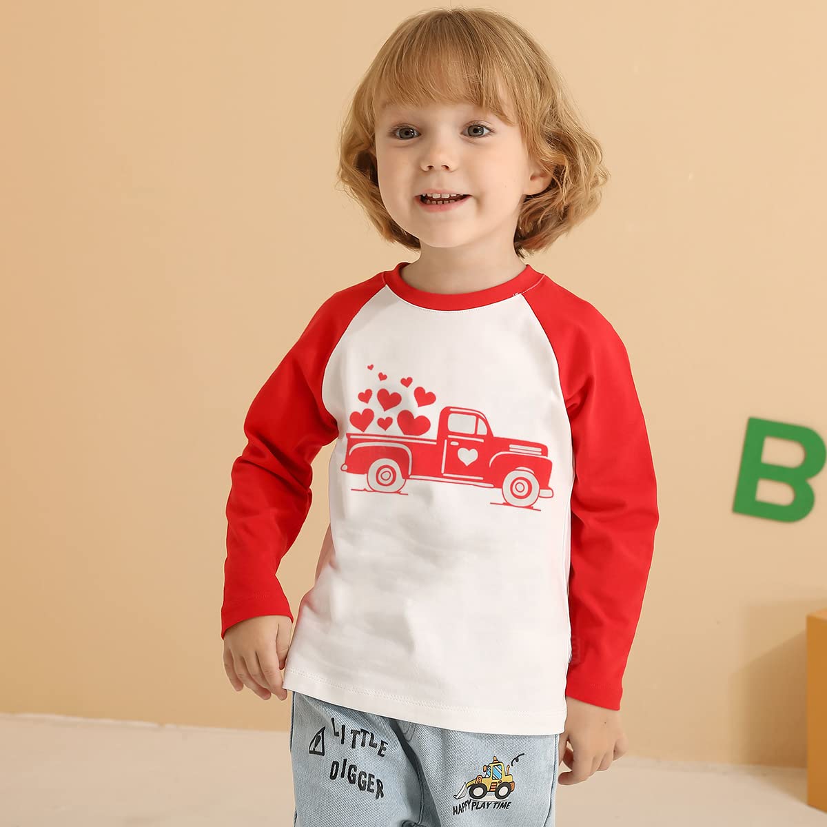 Boys Valentine'S Day Shirt Girls Long Sleeve T-Shirt Toddler Raglan Valentines Outfits Kids Love Heart Cotton Tees Tops Clothes
