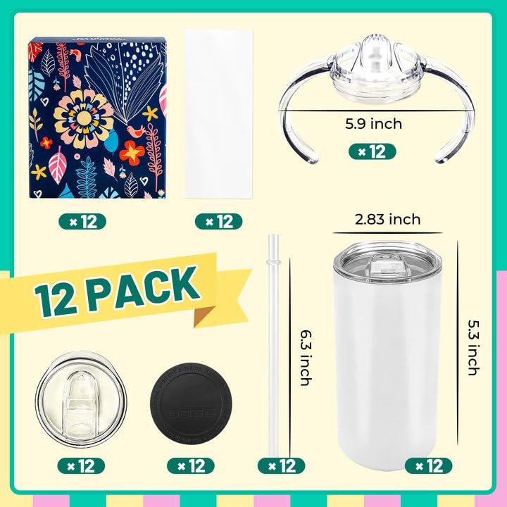 Joyclub 12 Pack Sublimation Sippy Cups Blanks For Toddler Tumbler Insulated 12 Oz Kids Sublimation Tumblers With Handle Stainles