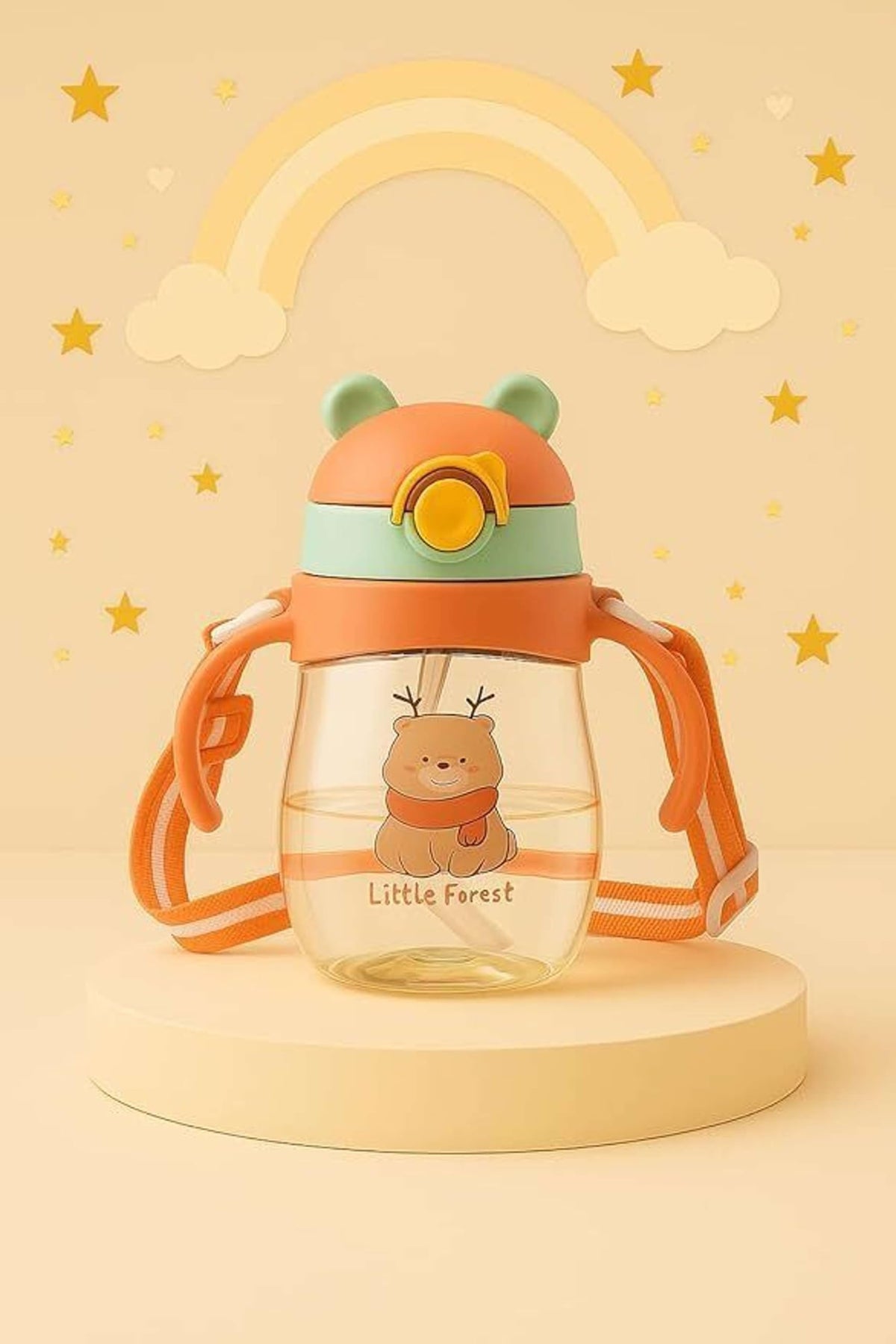 Little Forest Kids Sippy Cup with Straw, Bear Design, Orange,pack of 1