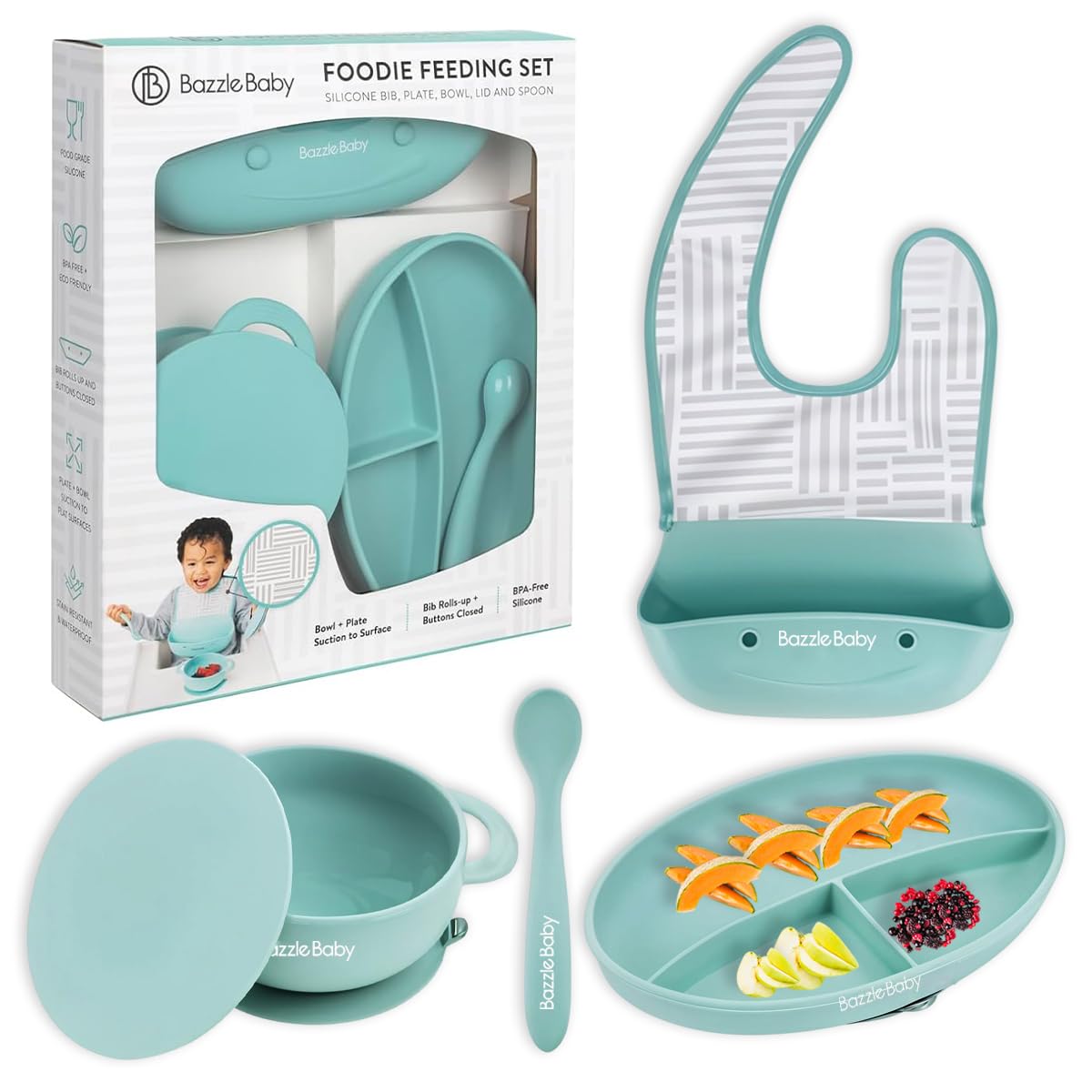 Bazzle Baby Foodie Feeding Set Silicone Roll Up Bib With Food Catcher Suction Plate Bowl Lid And Spoon